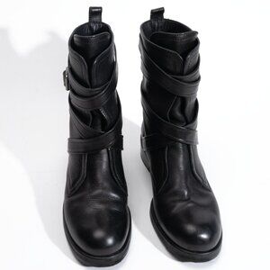 Jimmy Choo Black Leather Wrap-Around Strap Biker Boots